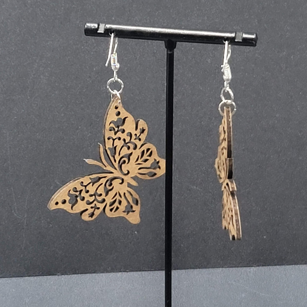 Butterfly Pierced Earrings Laser Cut Wood Dangle Large 2"