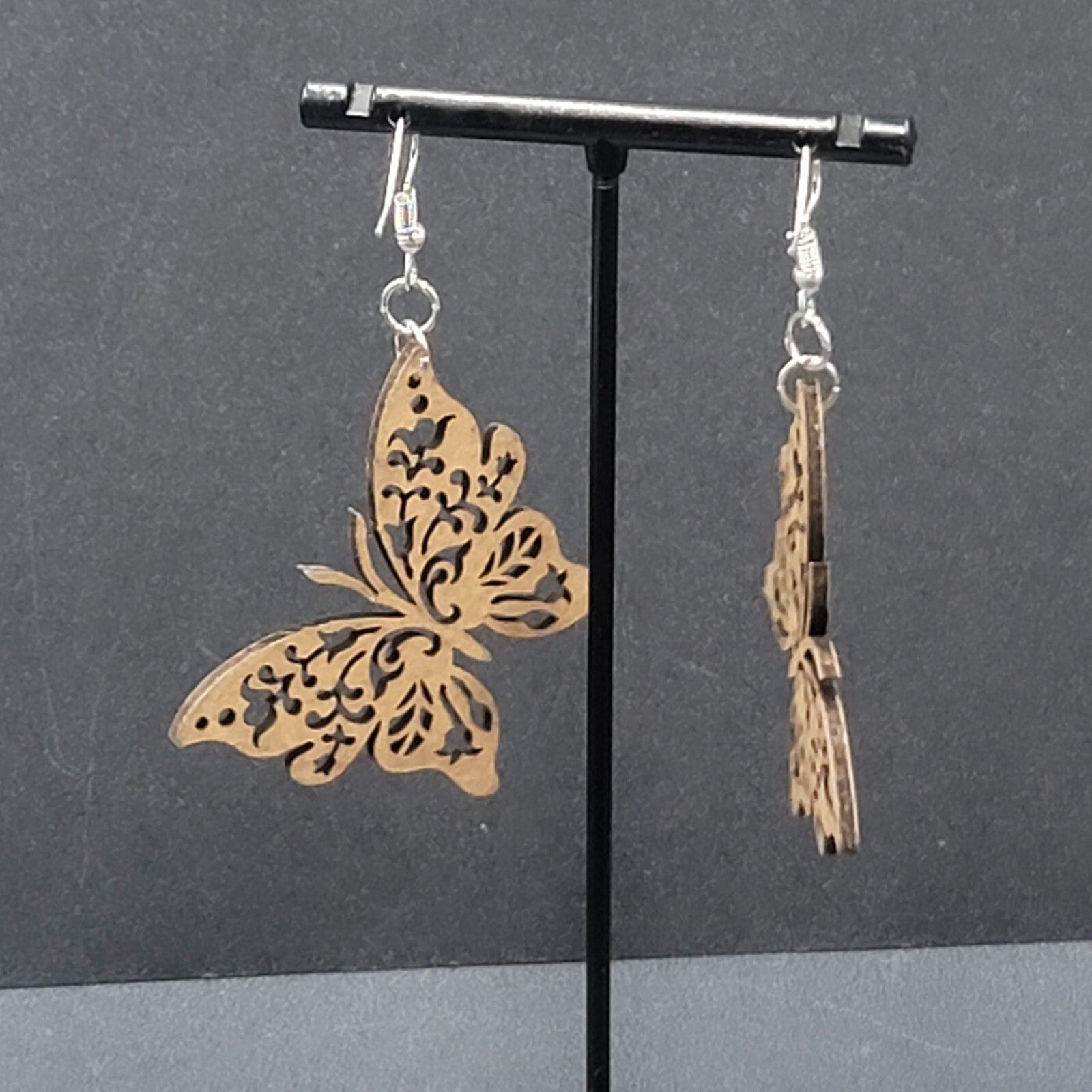 Butterfly Pierced Earrings Laser Cut Wood Dangle Large 2"