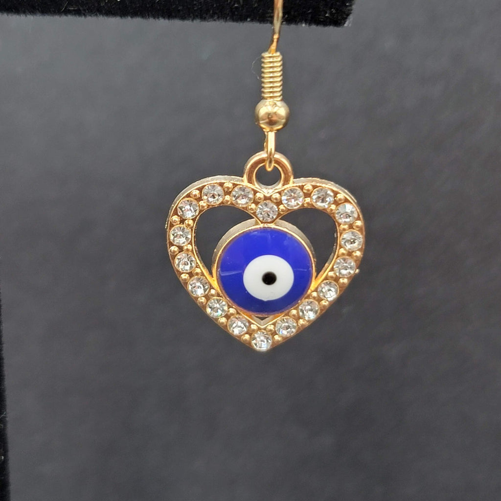 Pierced Earrings Gold tone Enamel Evil Eye Rhinestone Heart Dangle 3/4"