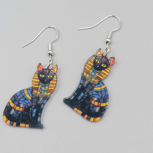 Egyptian Kitty Cat Pierced Earrings Mosiac Look Acrylic Dangle 1 3/8"