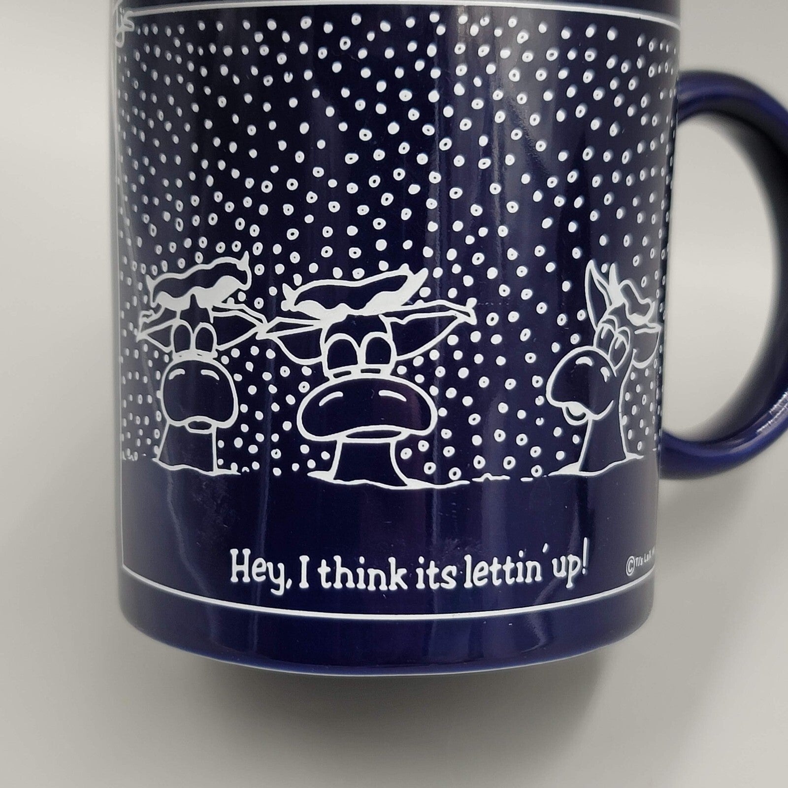 Vintage TJs Lax Coffee Mug Dark Blue Snowing Cows Funny