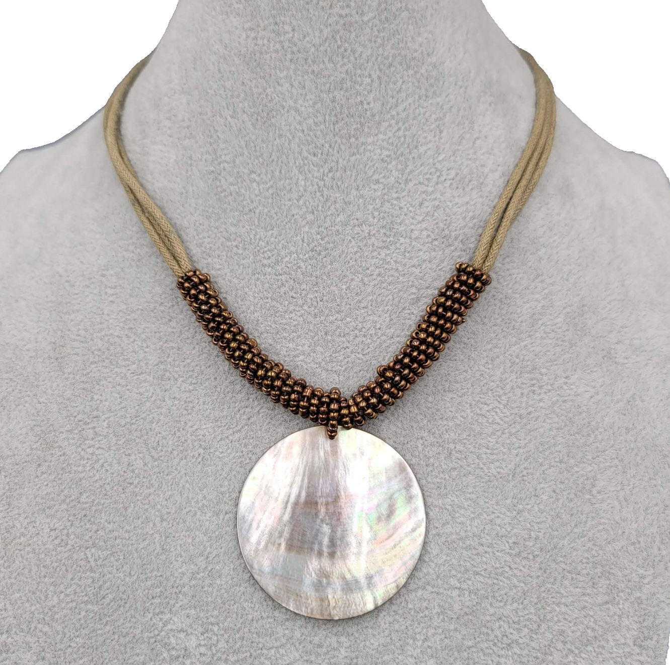 Green Cord Seed Bead Necklace Round Shell Pendant 14"-18"