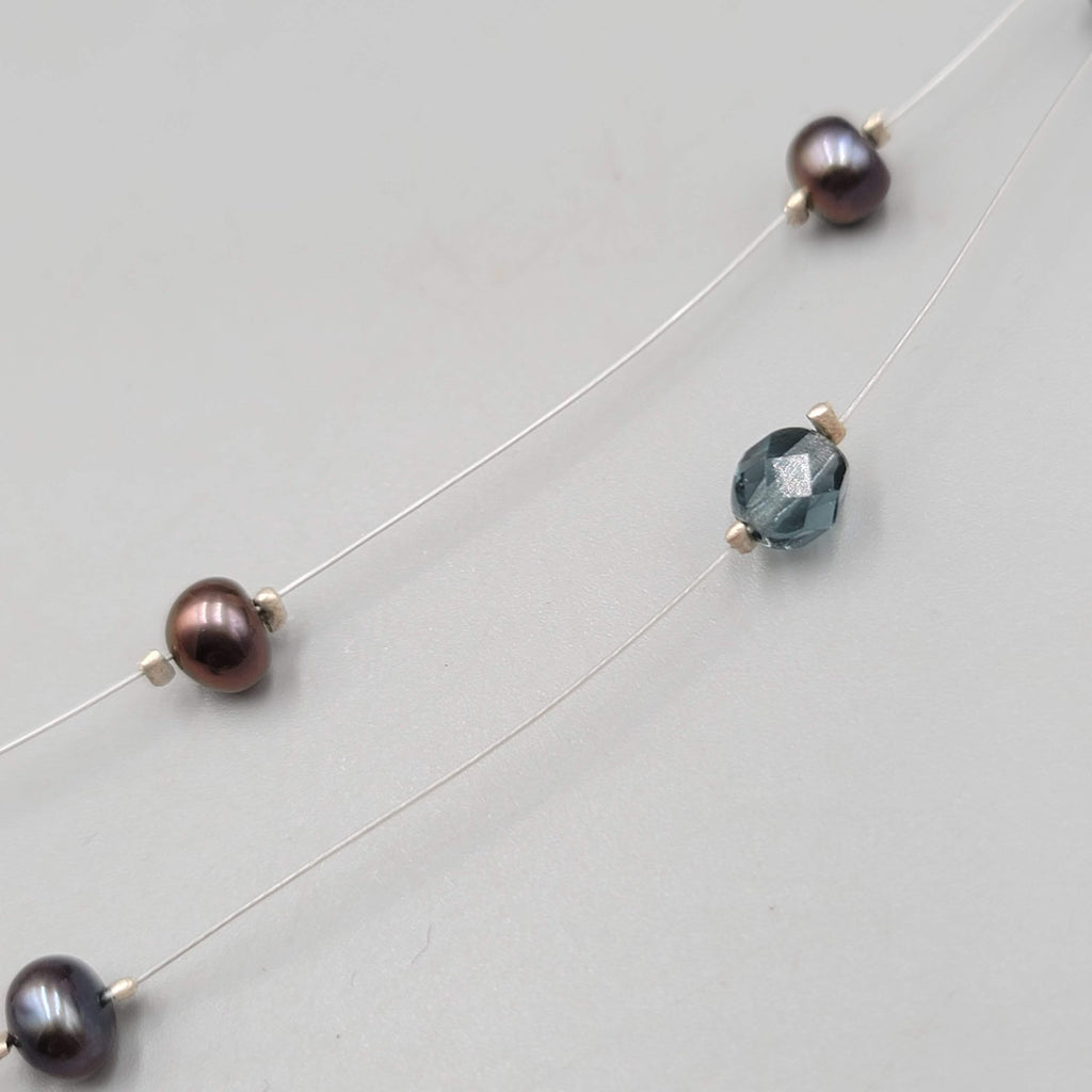 Peacock Freshwater Pearl Crystal Necklace Two Strand Illusion Silver Clasp 5"