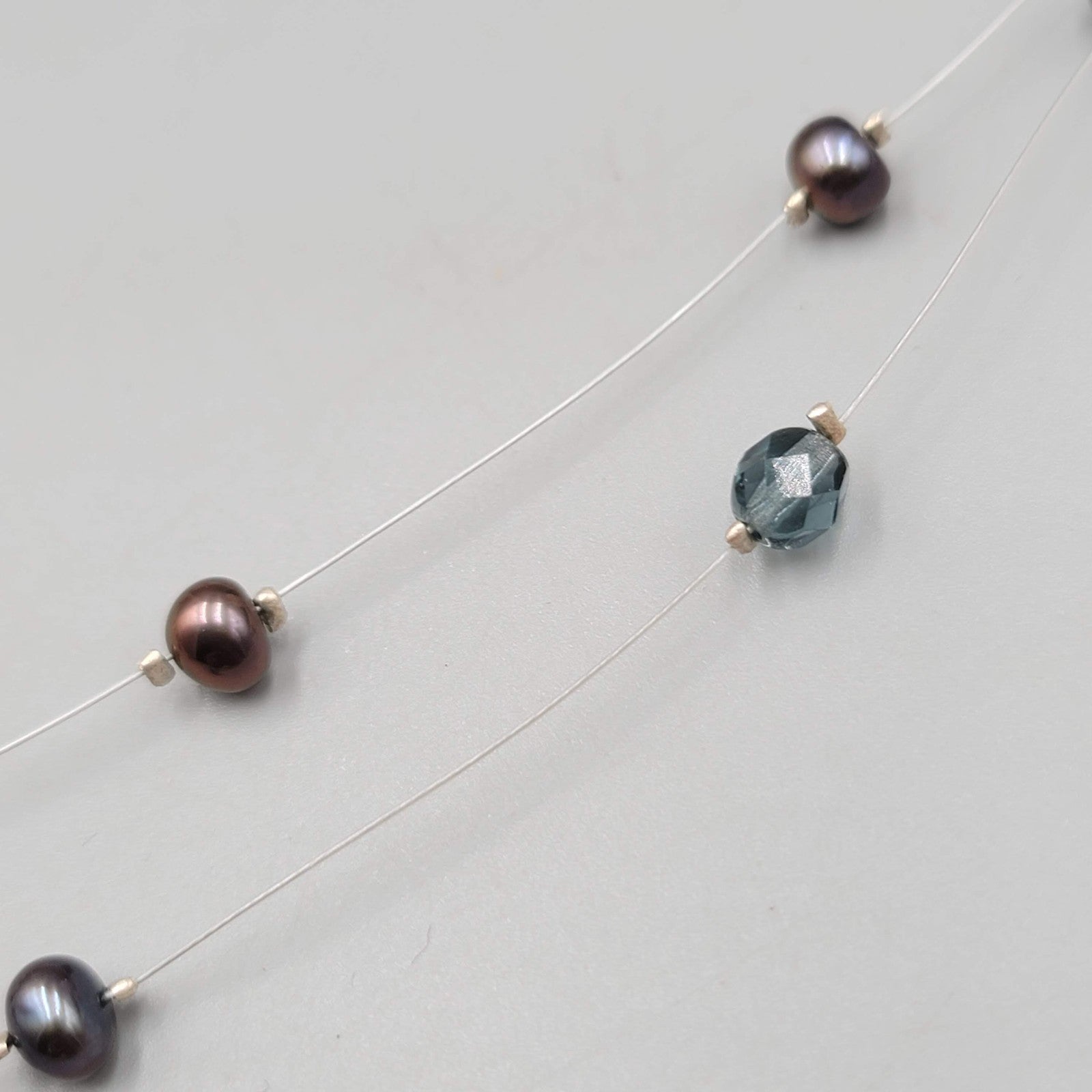 Peacock Freshwater Pearl Crystal Necklace Two Strand Illusion Silver Clasp 5"