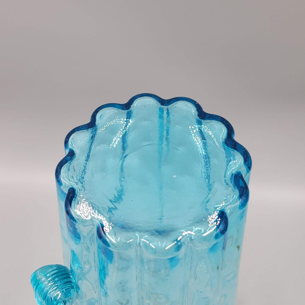 MCM Italian Empoli Ribbed Pillar Aqua Blue Art Glass Pitcher with Ice Lip 8"