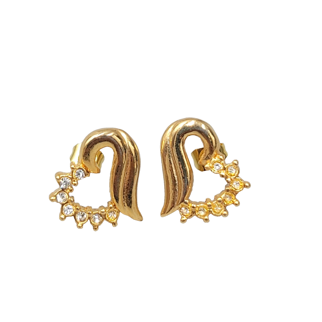 Vintage Open Heart Studs Pierced Earrings Gold Plated CZ 5/8"