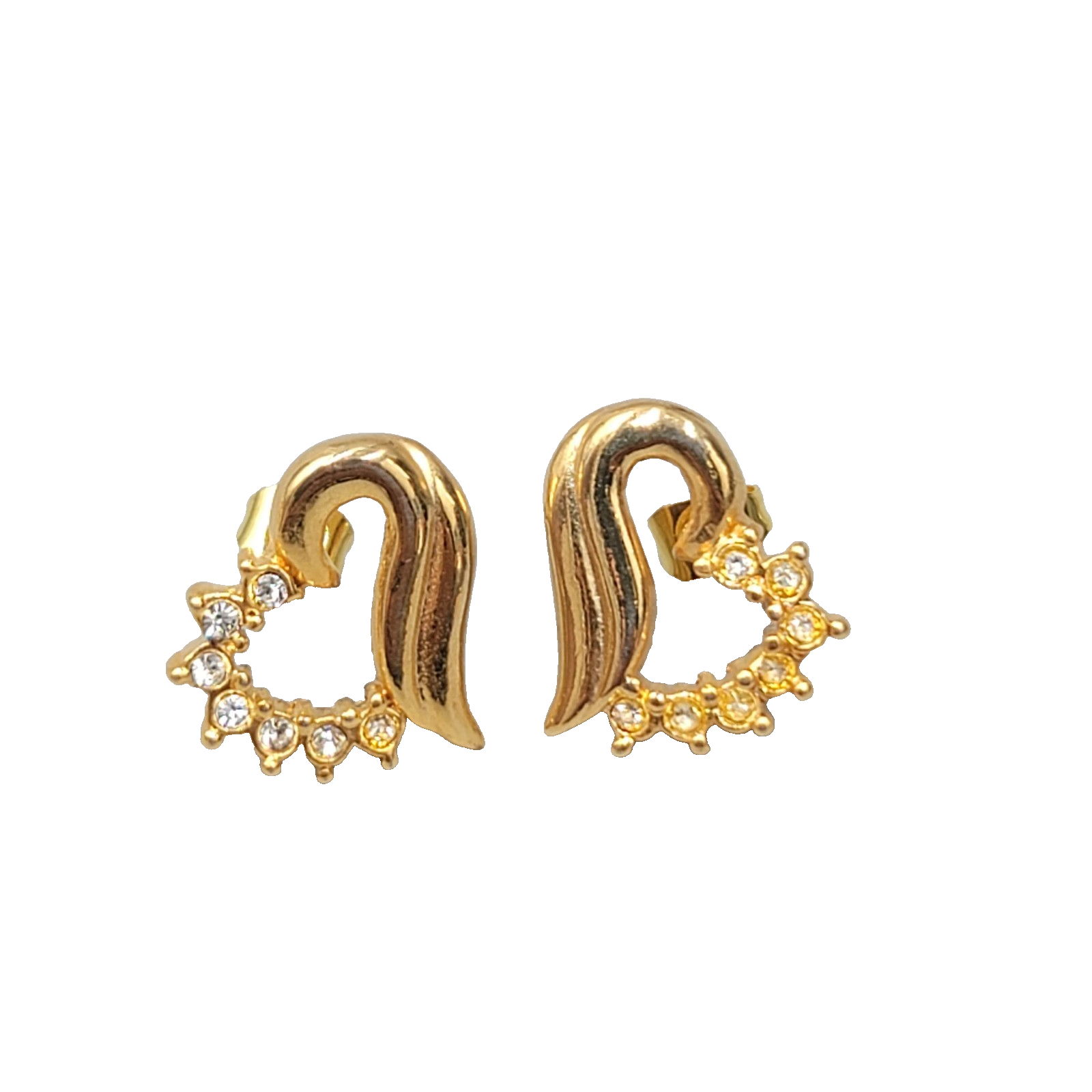 Vintage Open Heart Studs Pierced Earrings Gold Plated CZ 5/8"