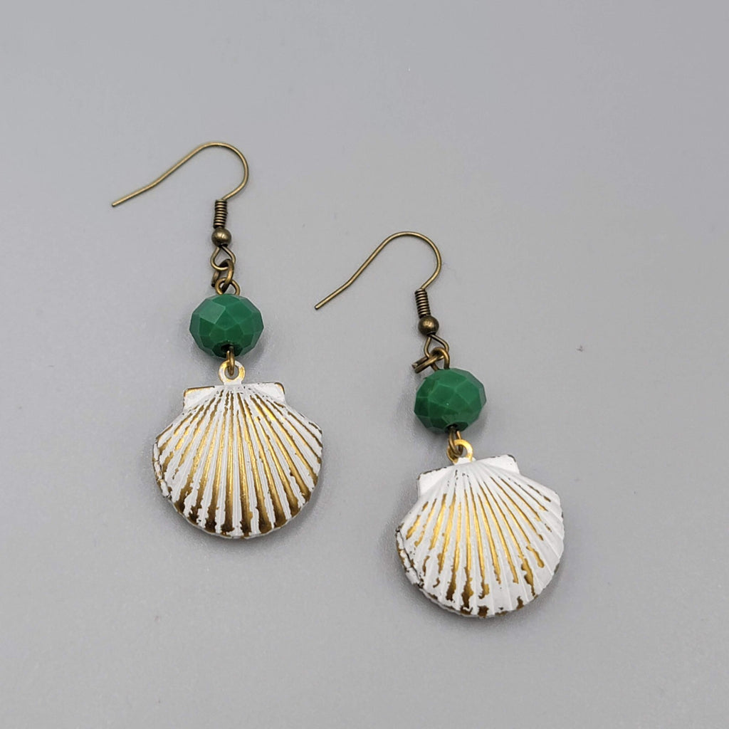 Pierced Earrings Bronze tone Green Bead Metal White Seashell Dangle 1 5/8"