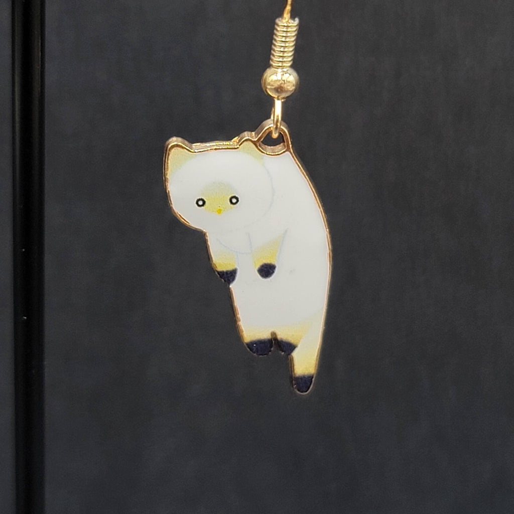 Pierced Earrings Gold tone White Enamel Kitty Cat Dangle 1"
