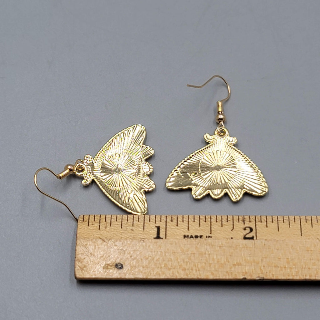 Pierced Earrings Gold tone Enamel Red Rose Moth Dangle 1"