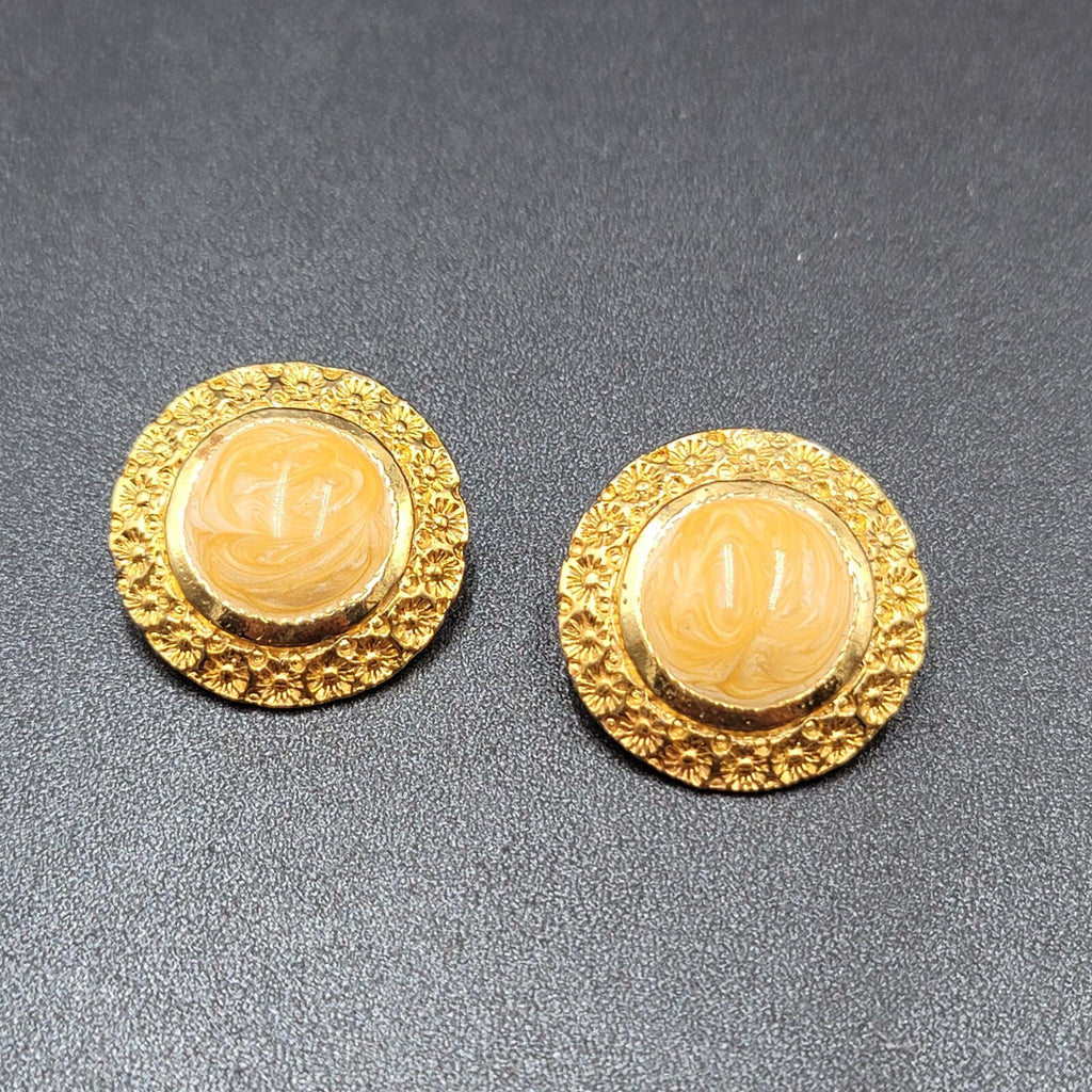 Vintage Pierced Earrings Gold Plated Large Round Enamel 1.25"