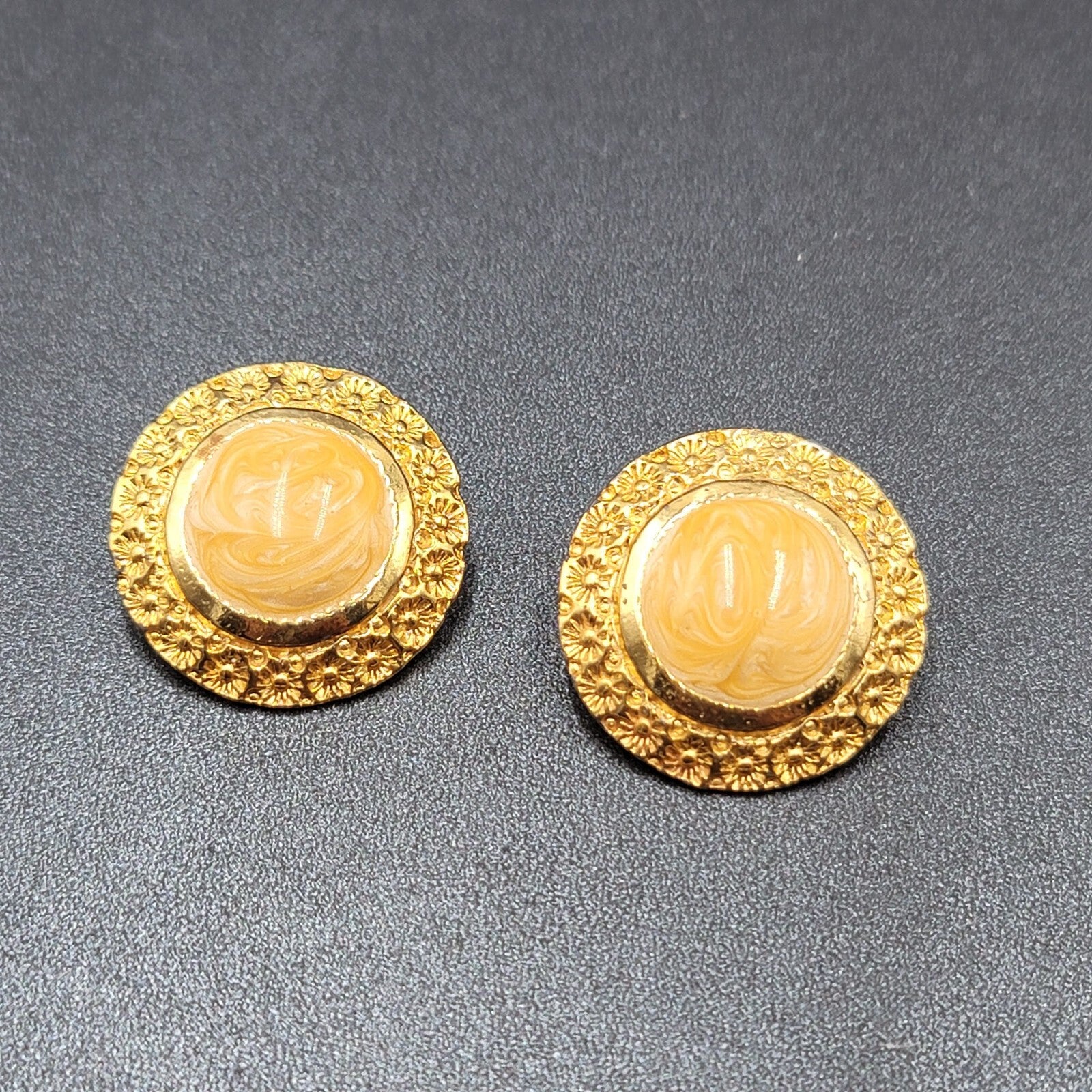 Vintage Pierced Earrings Gold Plated Large Round Enamel 1.25"