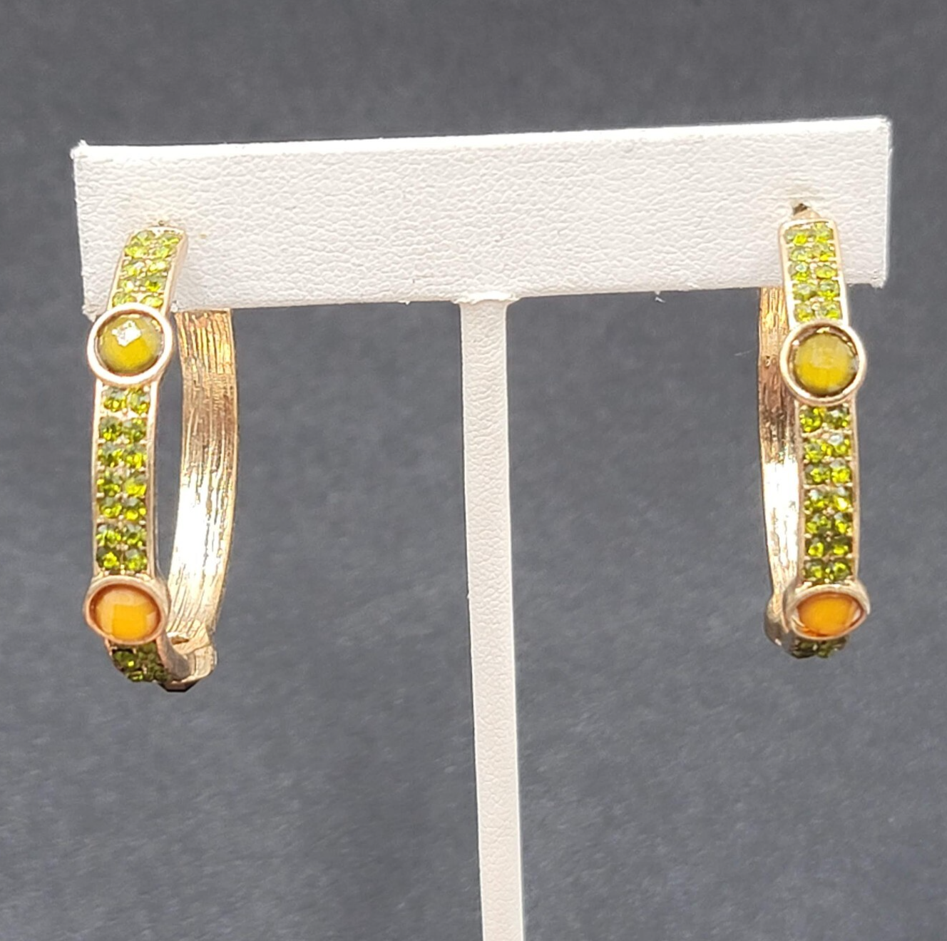 Pierced Earrings Gold tone Green Rhinestone Hoops 1 3/8"
