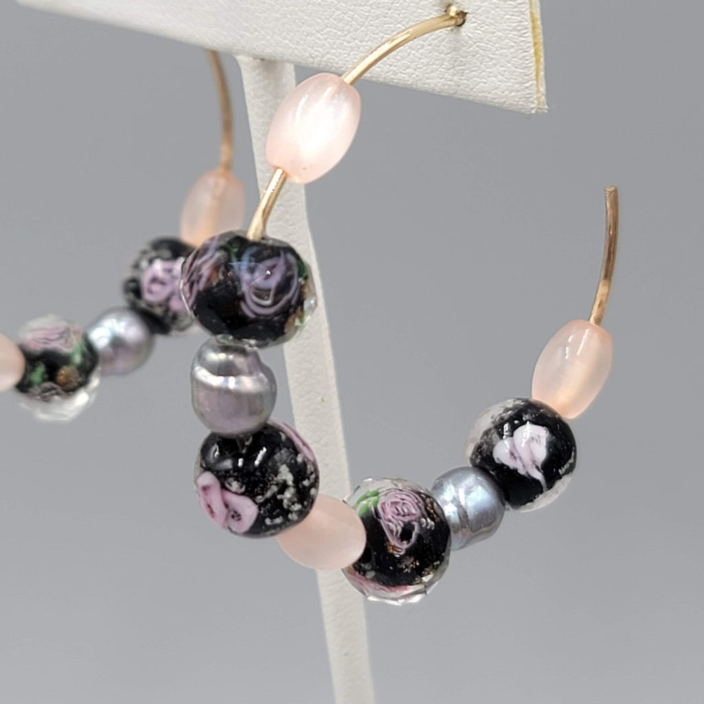 Hoops Black Pink Roses Art Glass Beads Pierced Earrings 1.75 in