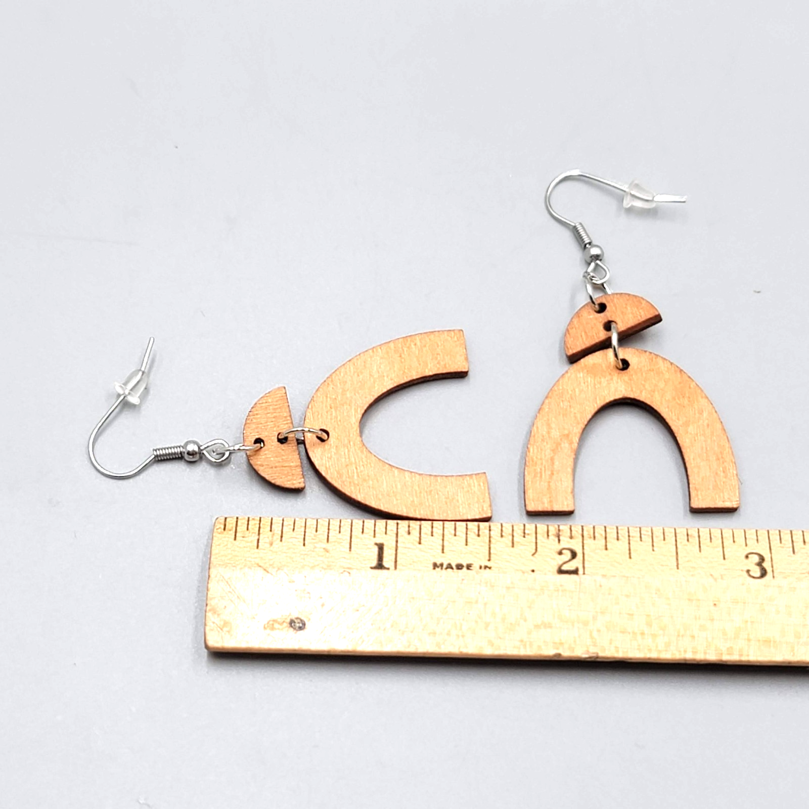 Wood Cut Large Boho Pierced Earrings Silver tone Dangle 1.5 in