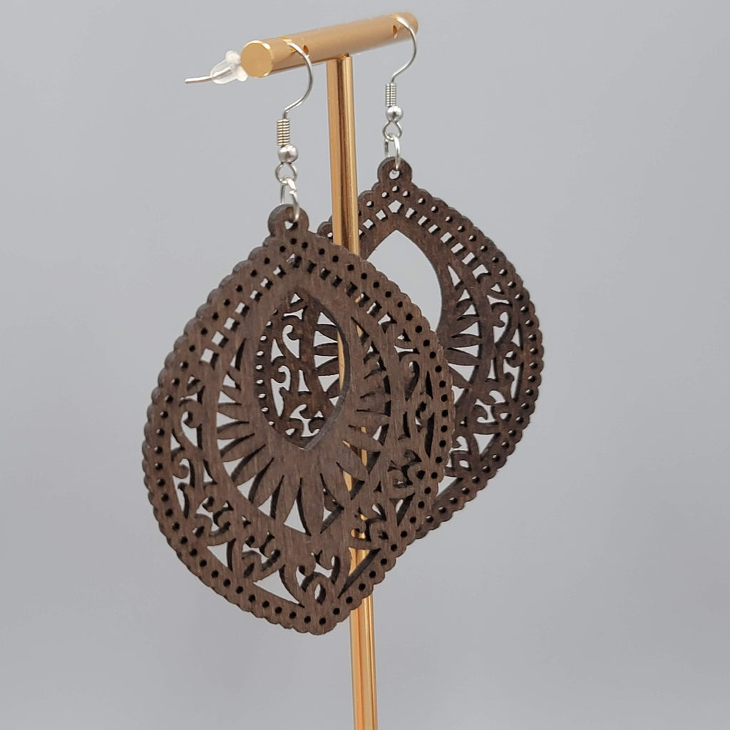 Wood Cut Large Boho Pierced Earrings Silver tone Dangle 3 in