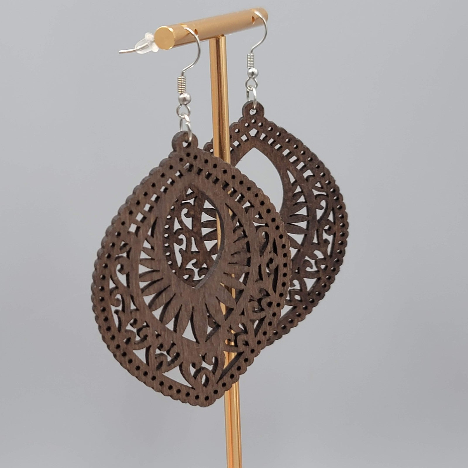 Wood Cut Large Boho Pierced Earrings Silver tone Dangle 3 in