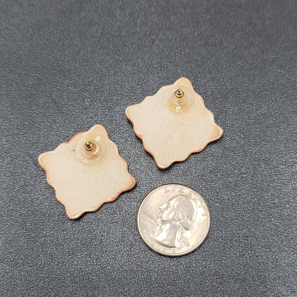 Vintage Pierced Earrings Ceramic Hand Painted Square Drop 1.25"