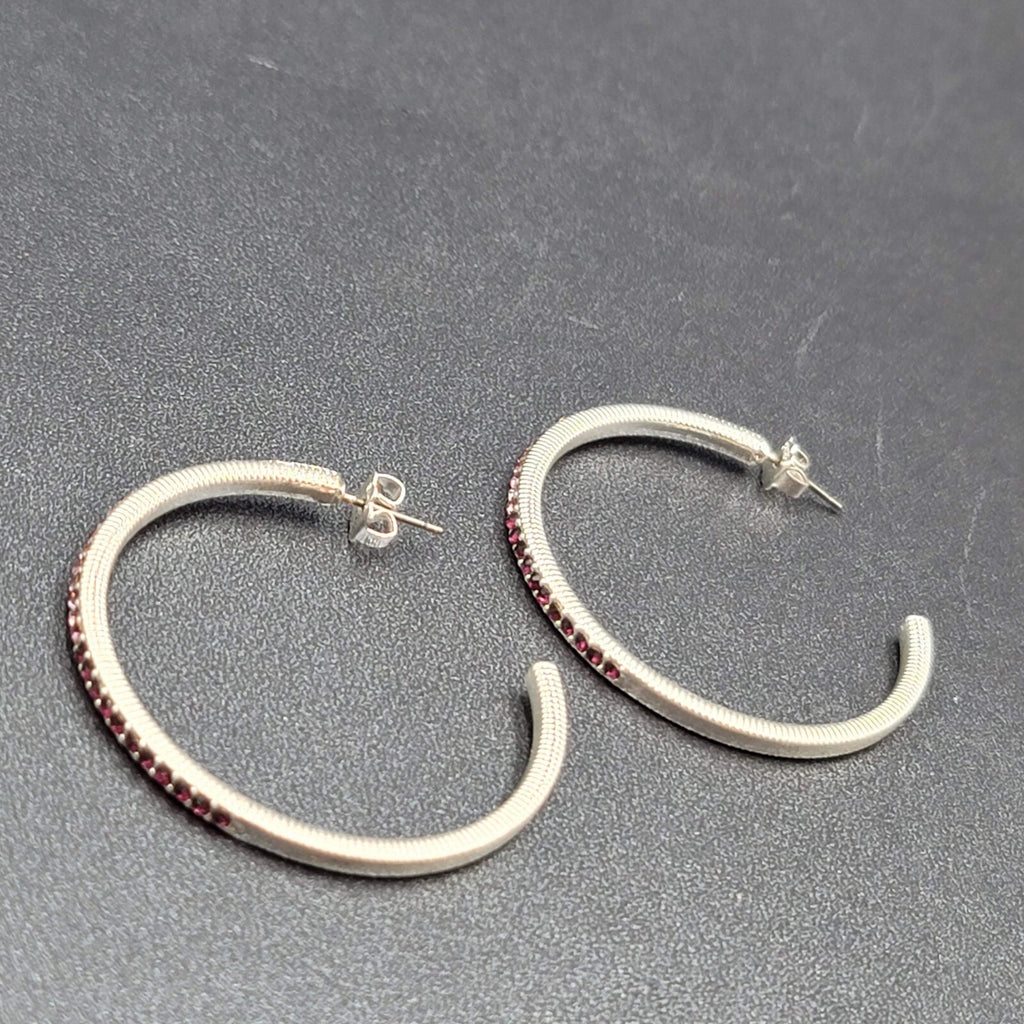 Pierced Earrings Silver tone Gradated Purple Rhinestone Hoops 1.75"