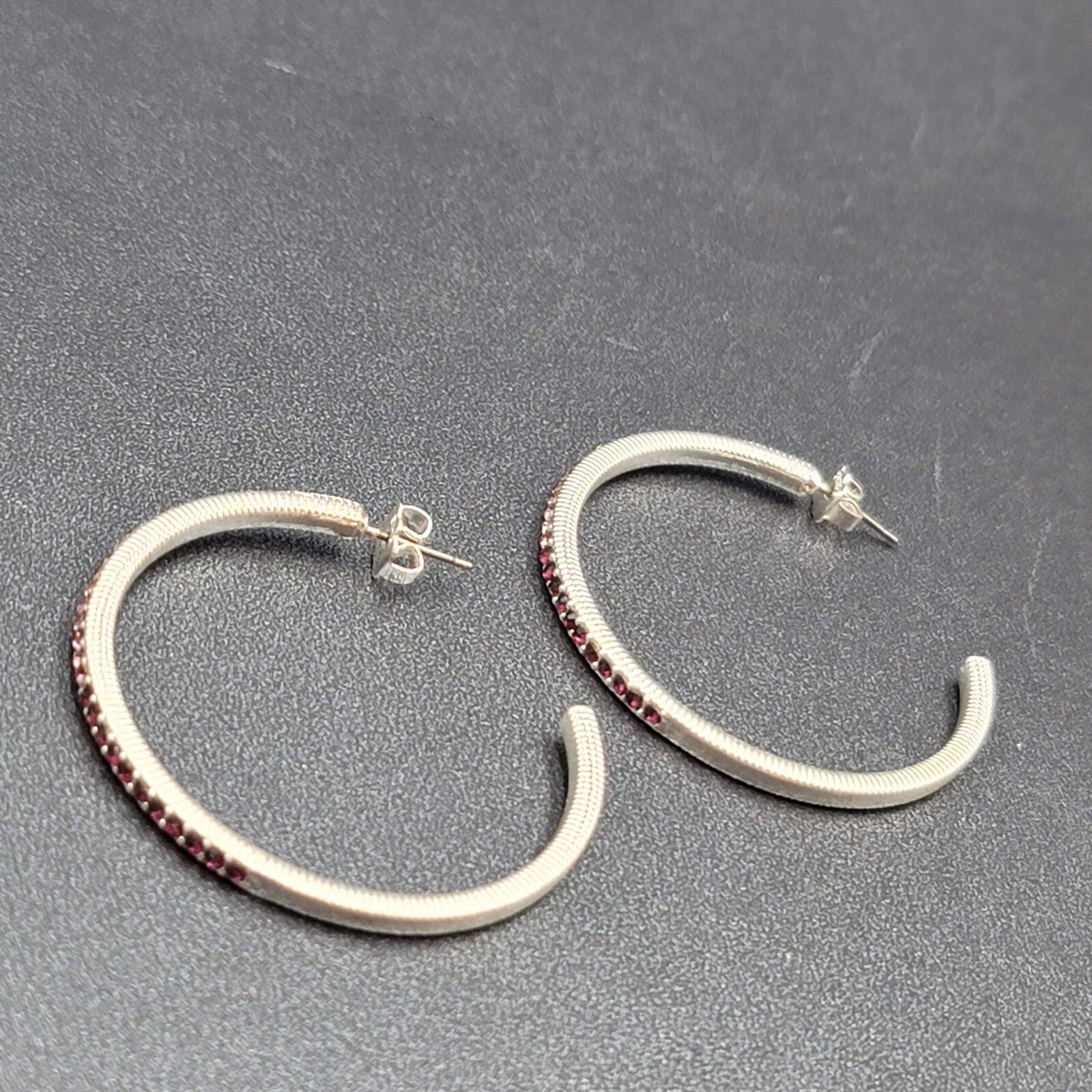 Pierced Earrings Silver tone Gradated Purple Rhinestone Hoops 1.75"