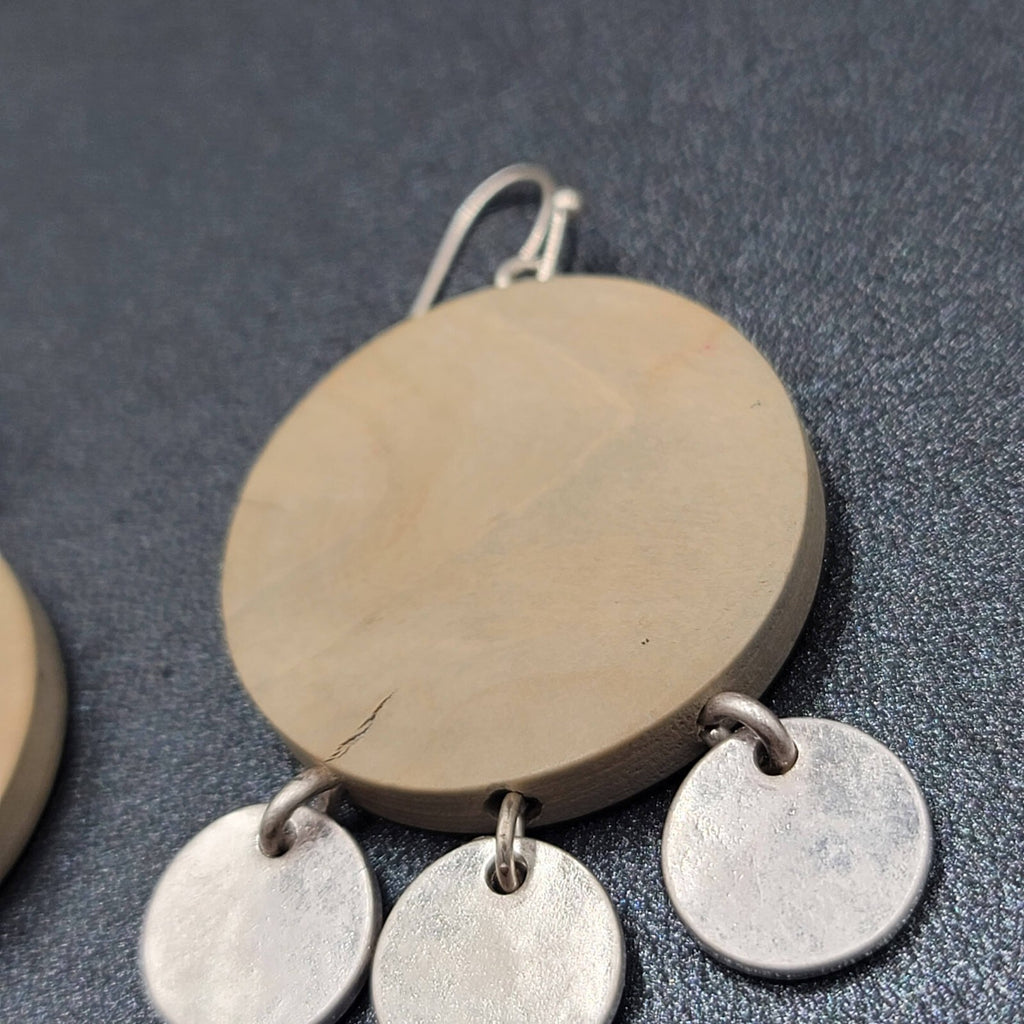 Pierced Earrings Round Wood Silver tone Discs 1.75"