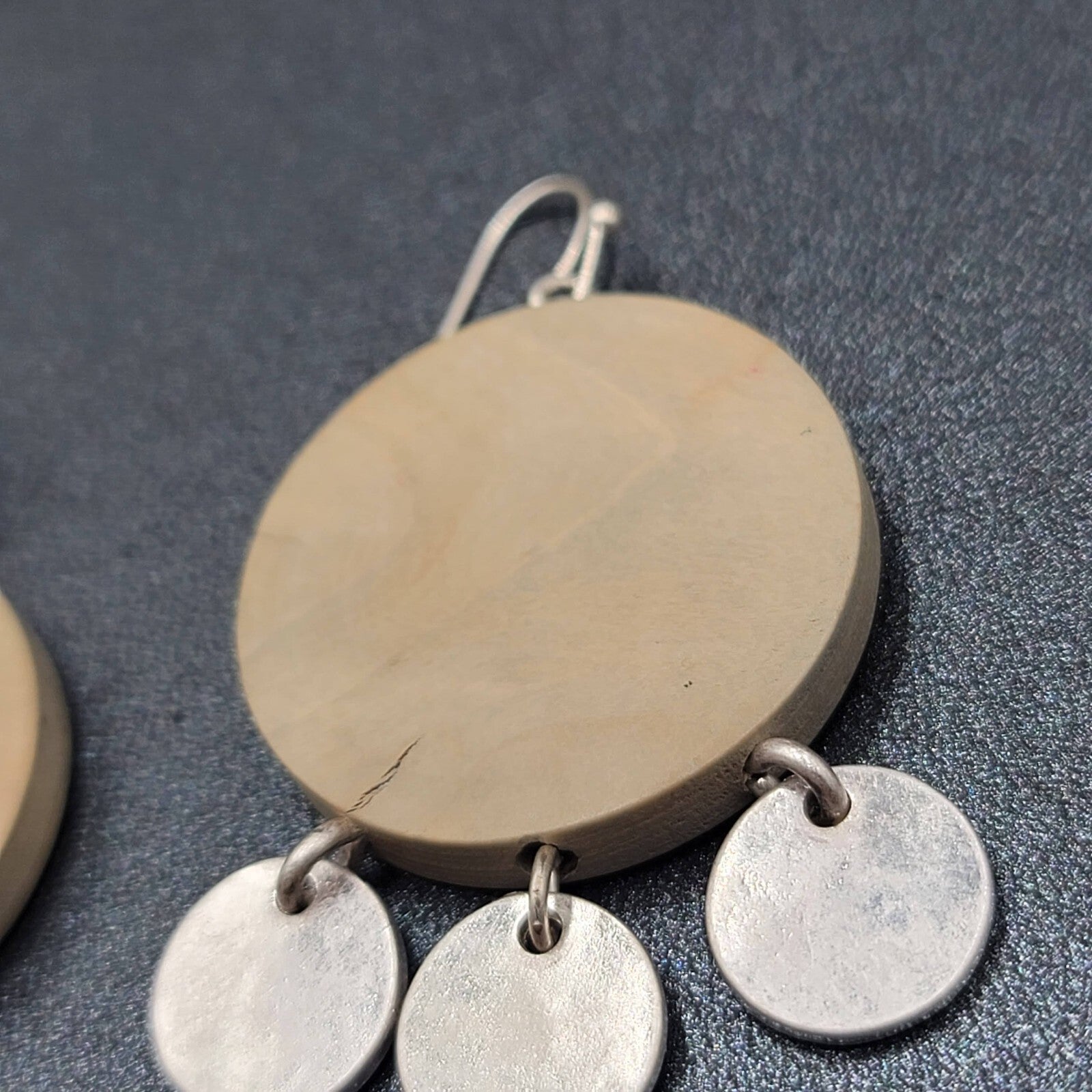 Pierced Earrings Round Wood Silver tone Discs 1.75"