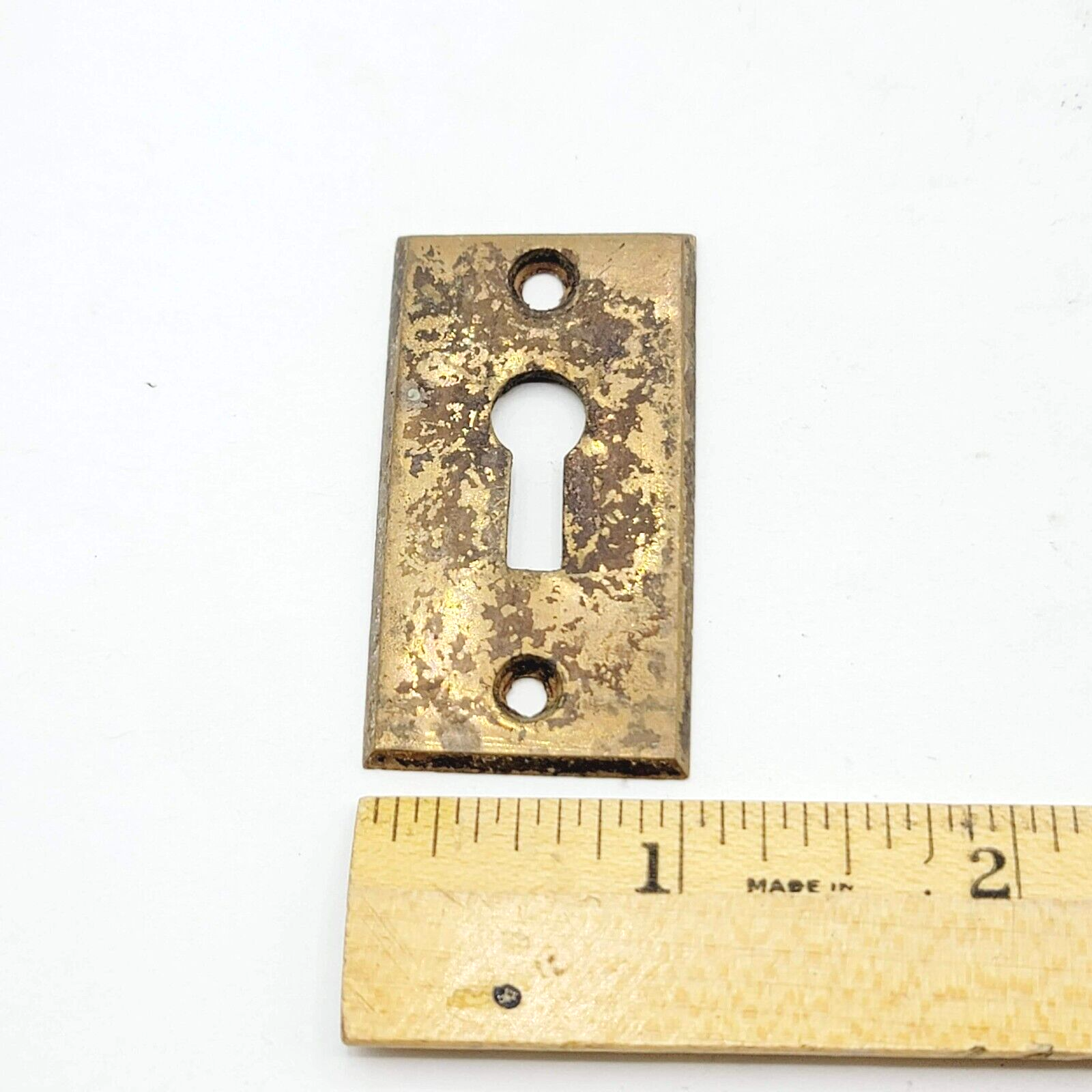 Vintage Brass Rectangle Skeleton Key hole Escutcheon Salvage 1 7/8" x 1"