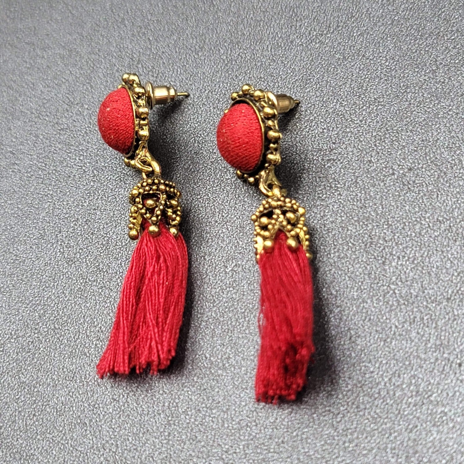 Boho Pierced Earrings Antiqued Gold tone Red String Tassel 2"