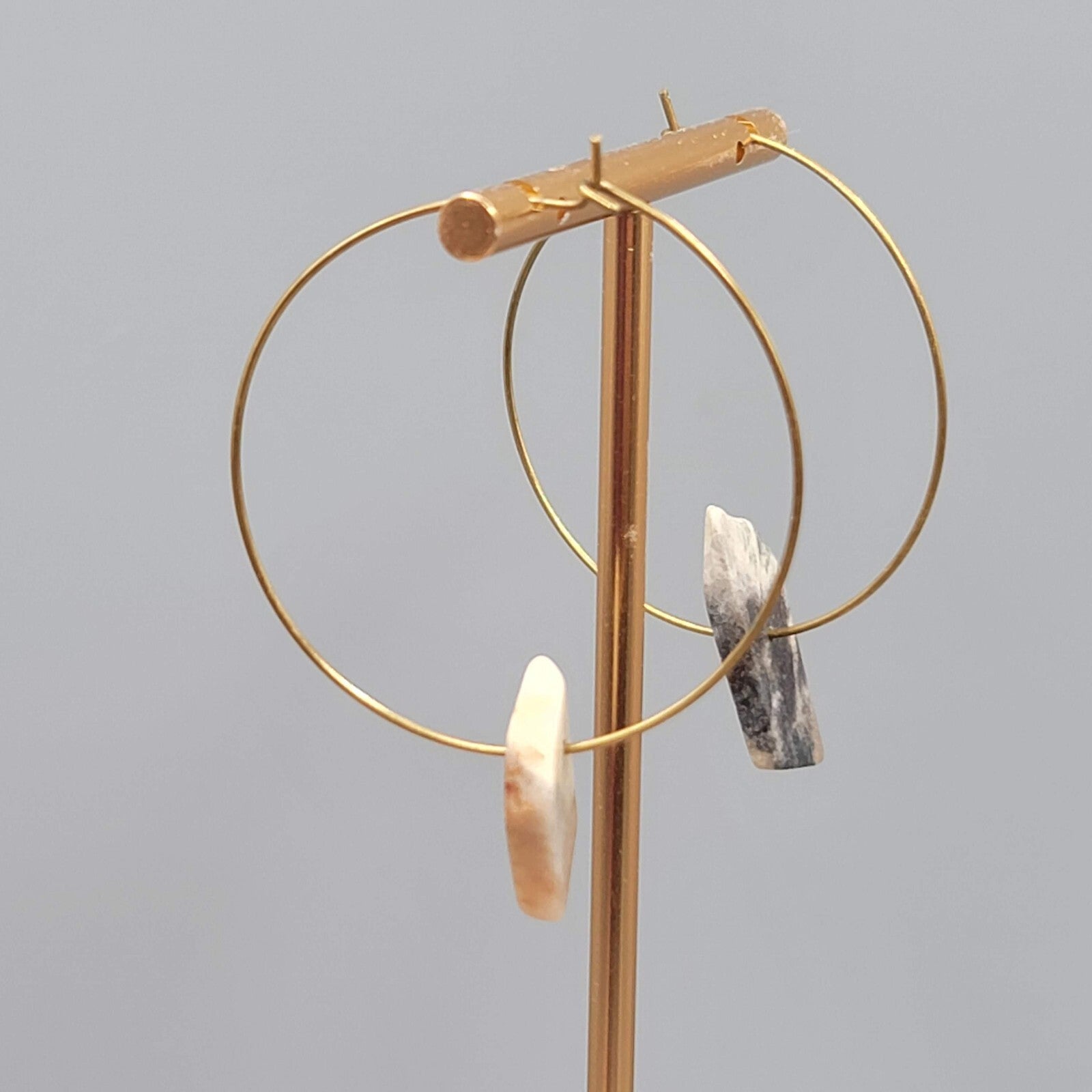 Asymmetrical Stone Hoop Pierced Earrings Gold tone Hoops 2"