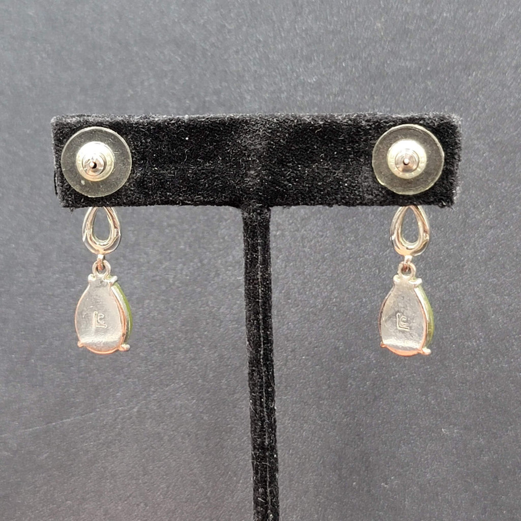 LC Pierced Earrings Silver tone Green Accents Rhinestone Dangle 1 3/8"