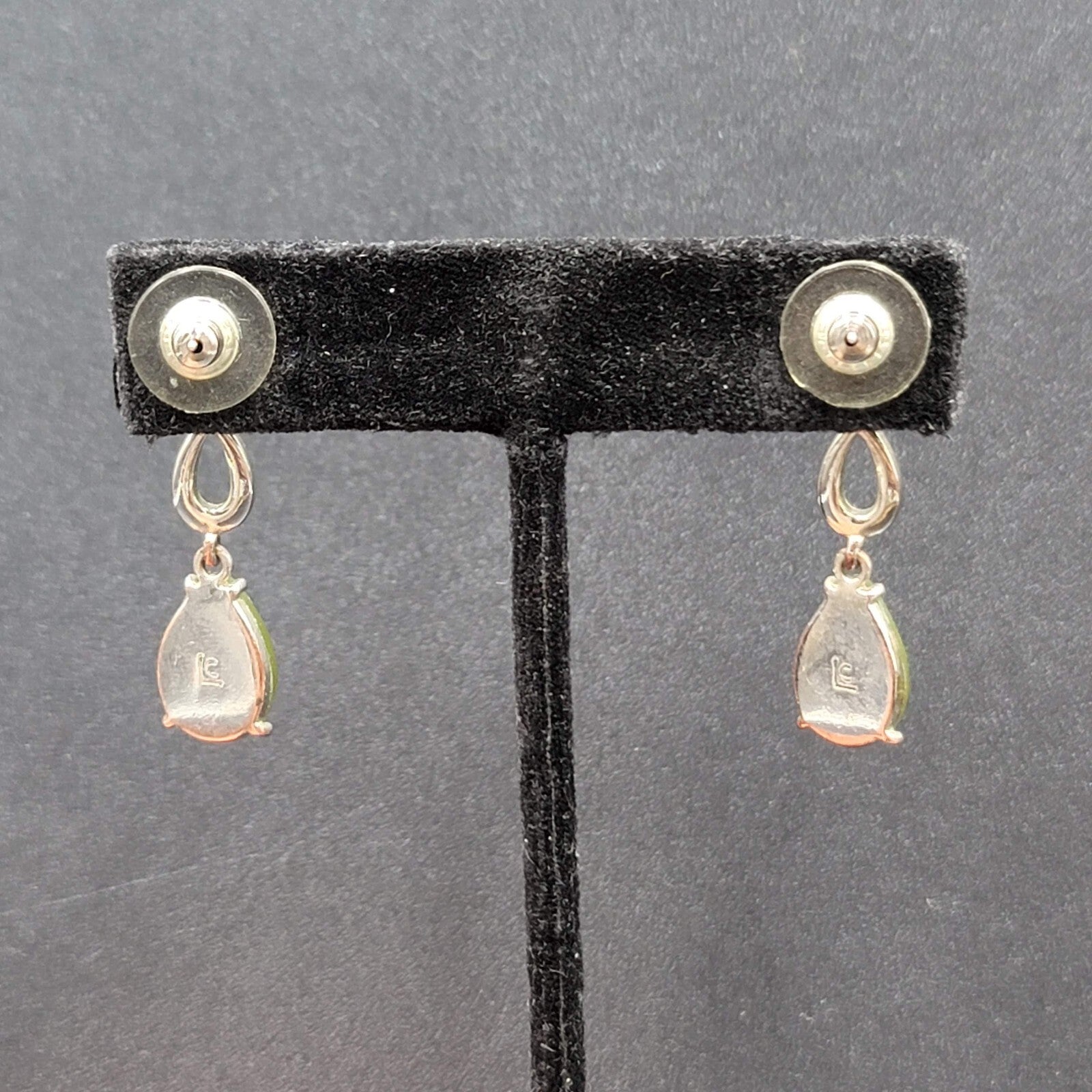 LC Pierced Earrings Silver tone Green Accents Rhinestone Dangle 1 3/8"