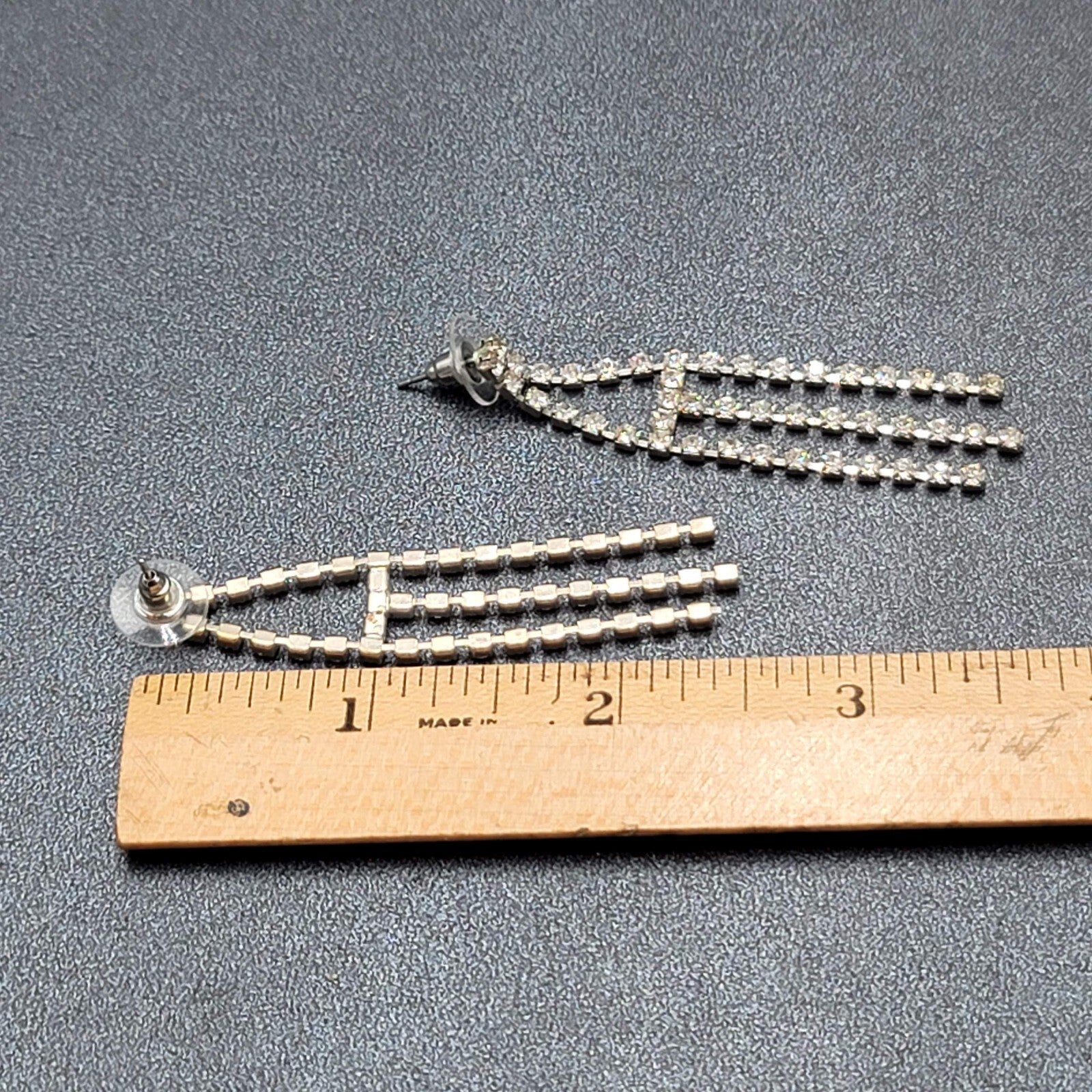 Vintage Pierced Earrings Silver tone Rhinestone Triple Dangle 2.25"