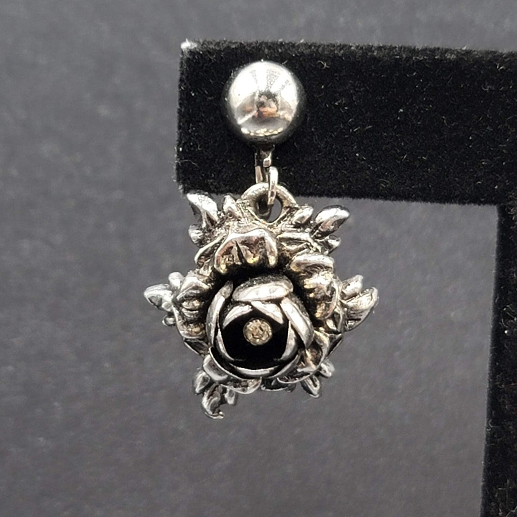 Vintage Clip on Earrings Silver tone 3D Flower Rhinestone Dangle 1"