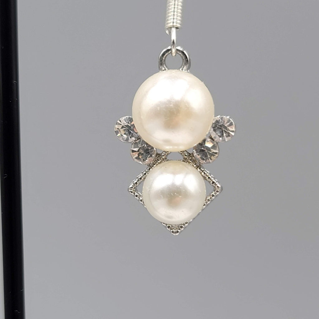 Pierced Earrings Silver tone Faux Pearl White Bead Rhinestone Dangle 7/8"