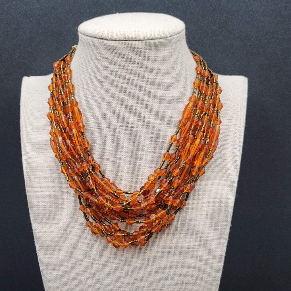Vtg Japan Orange Glass Beaded Gold Tone Filigree 13 Strand Necklace 13.5"-16"