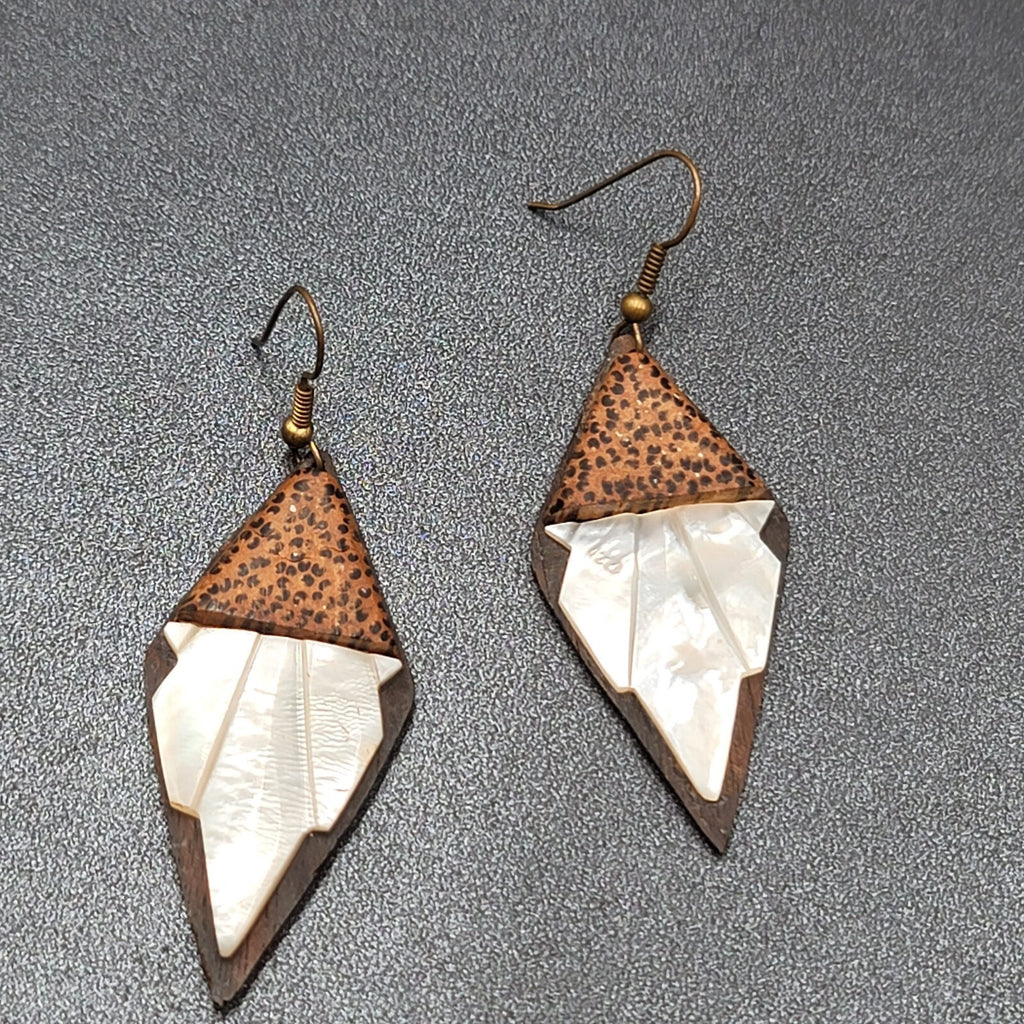 Vintage Pierced Earrings Wood Mother of Pearl Unique Hand Carved Dangle 2 1/8"