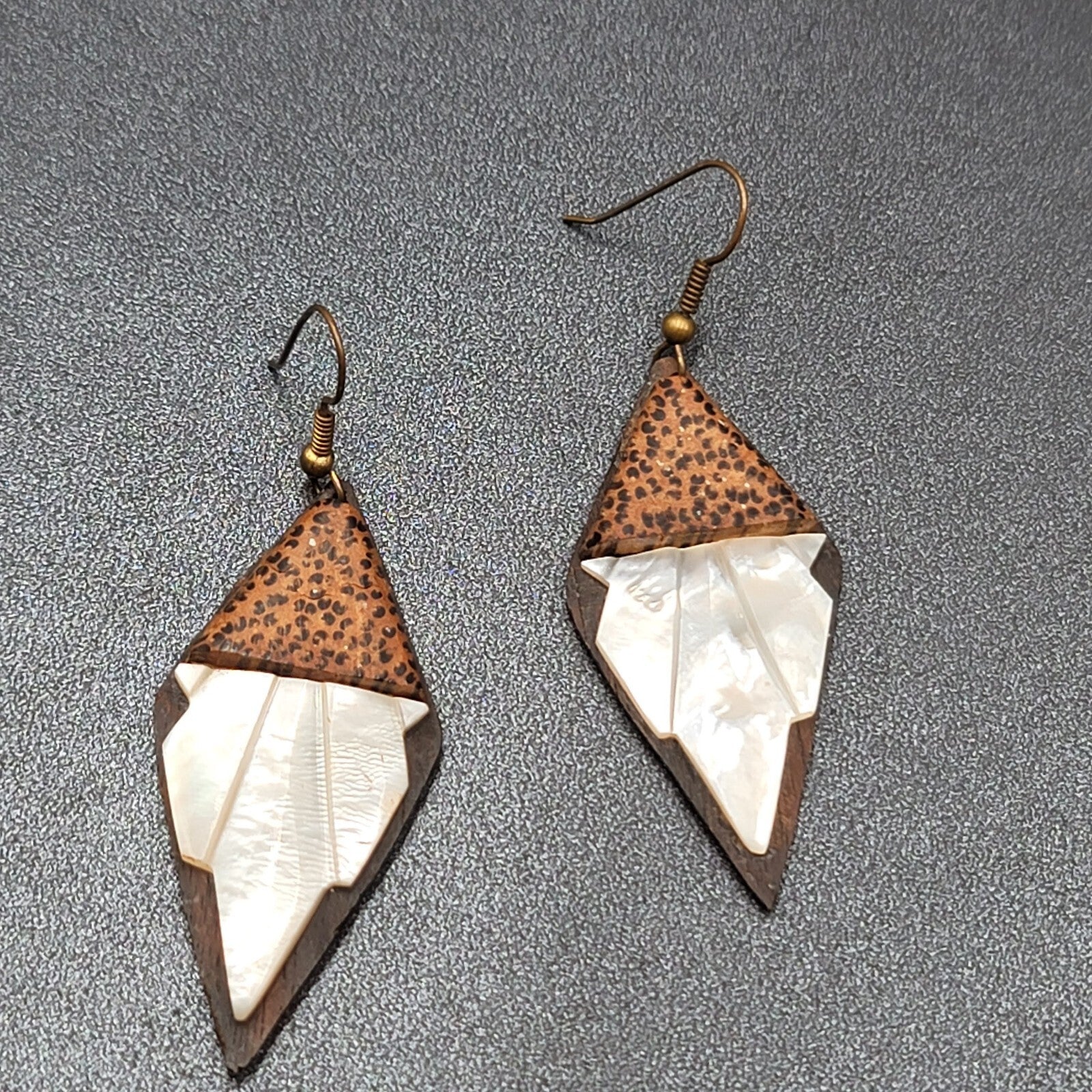 Vintage Pierced Earrings Wood Mother of Pearl Unique Hand Carved Dangle 2 1/8"