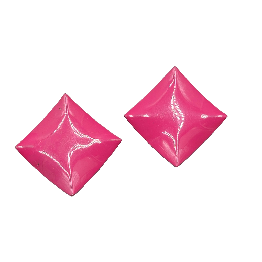 Vintage Hot Pink Enamel Square Pierced Earrings Drop 1.25 in