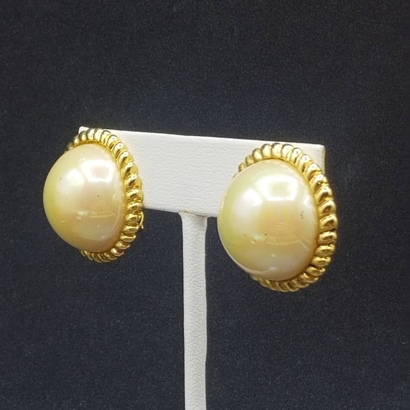 Vintage Clip on Earrings Gold tone Iridescent Button Style Dome Stud 1"