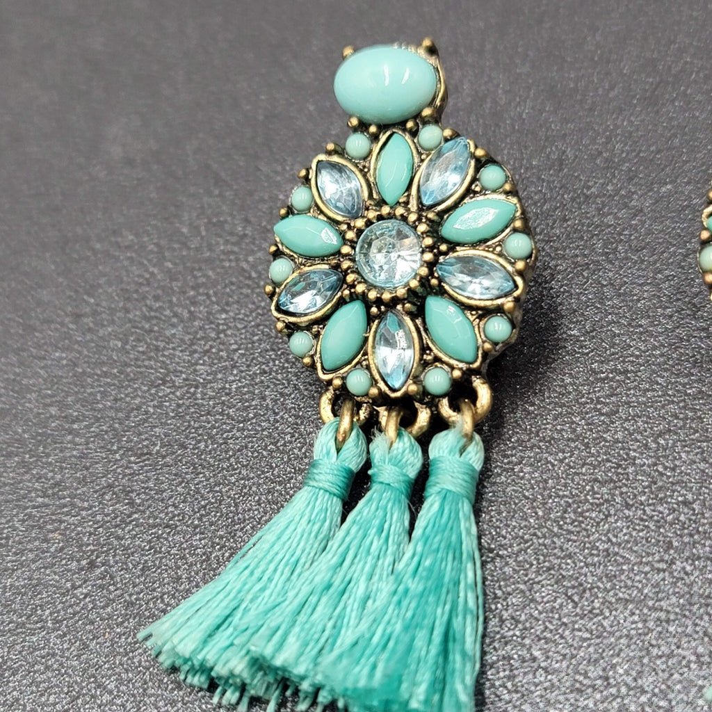 Pierced Earrings Gold tone Blue Rhinestone Tassel 2"