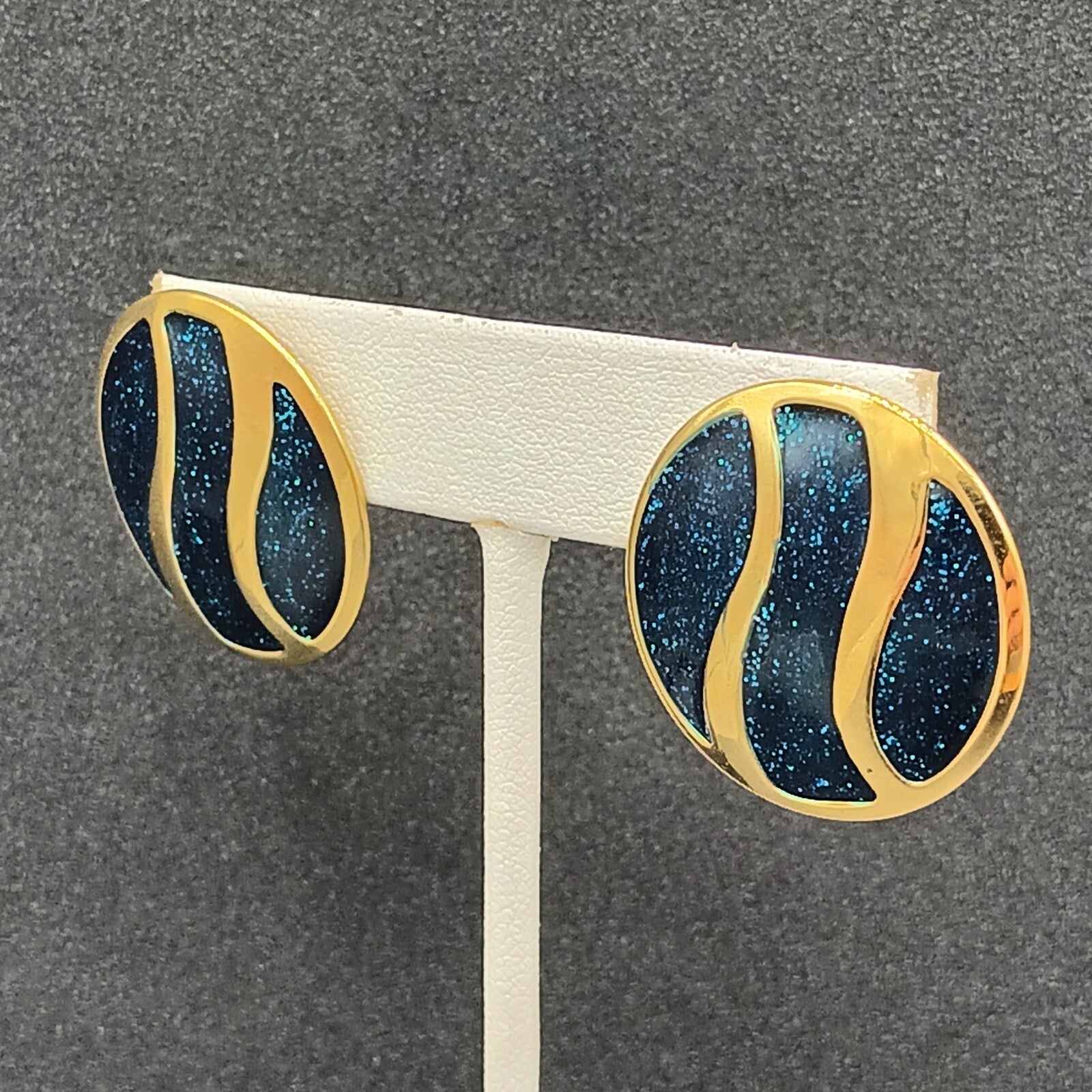 Vintage Pierced Earrings Polished Gold tone Blue Glitter Enamel Drop 1 1/8"
