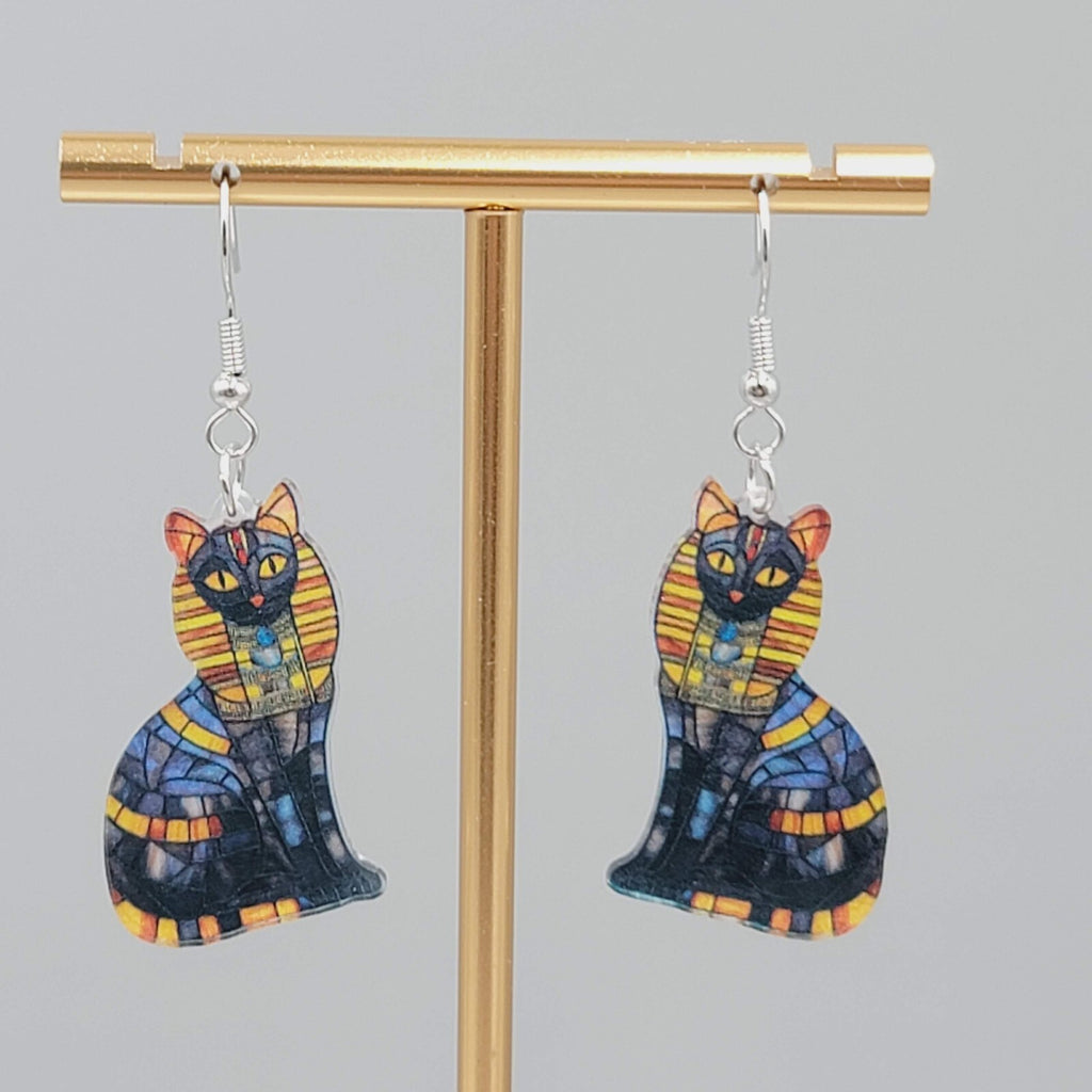 Egyptian Kitty Cat Pierced Earrings Mosiac Look Acrylic Dangle 1 3/8"