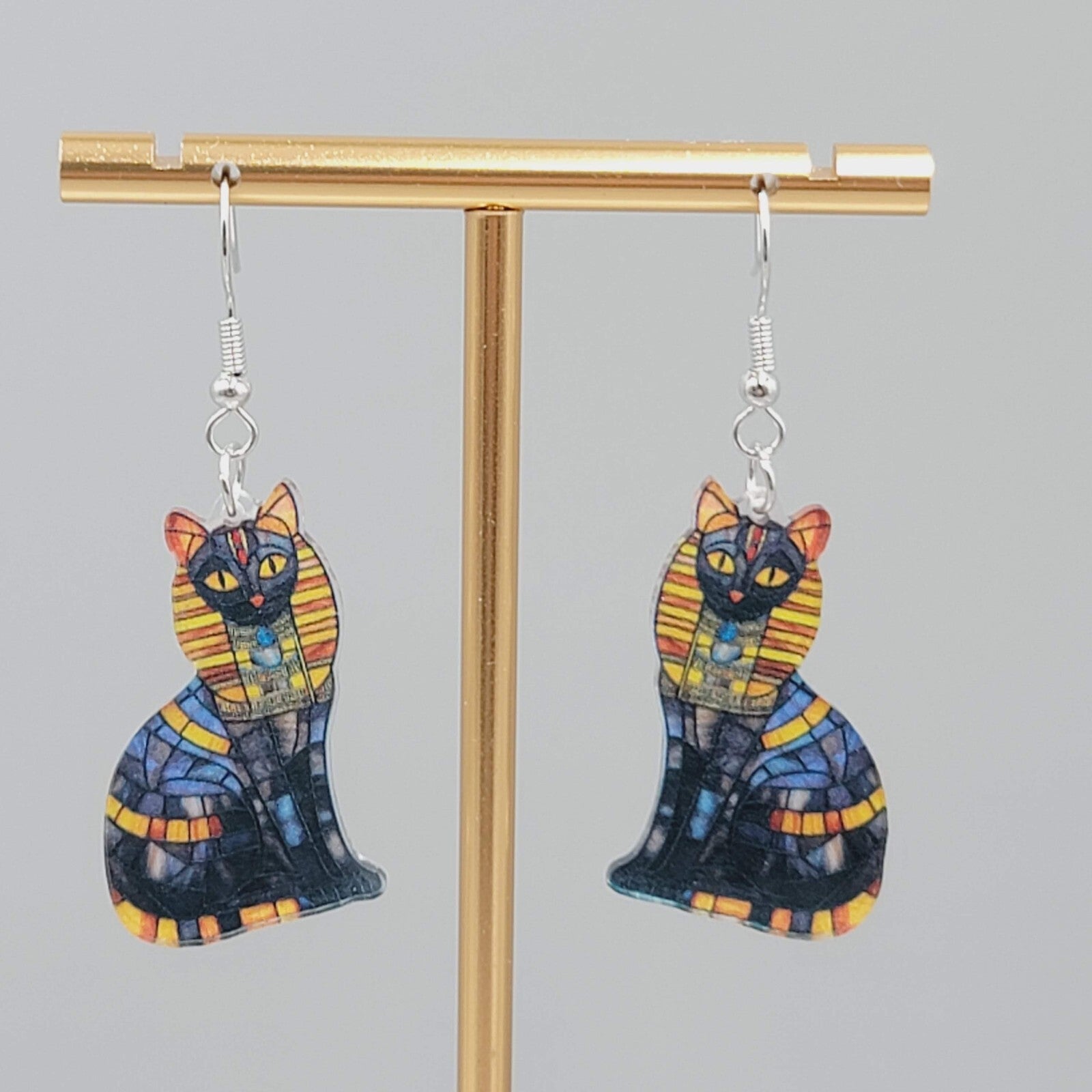 Egyptian Kitty Cat Pierced Earrings Mosiac Look Acrylic Dangle 1 3/8"