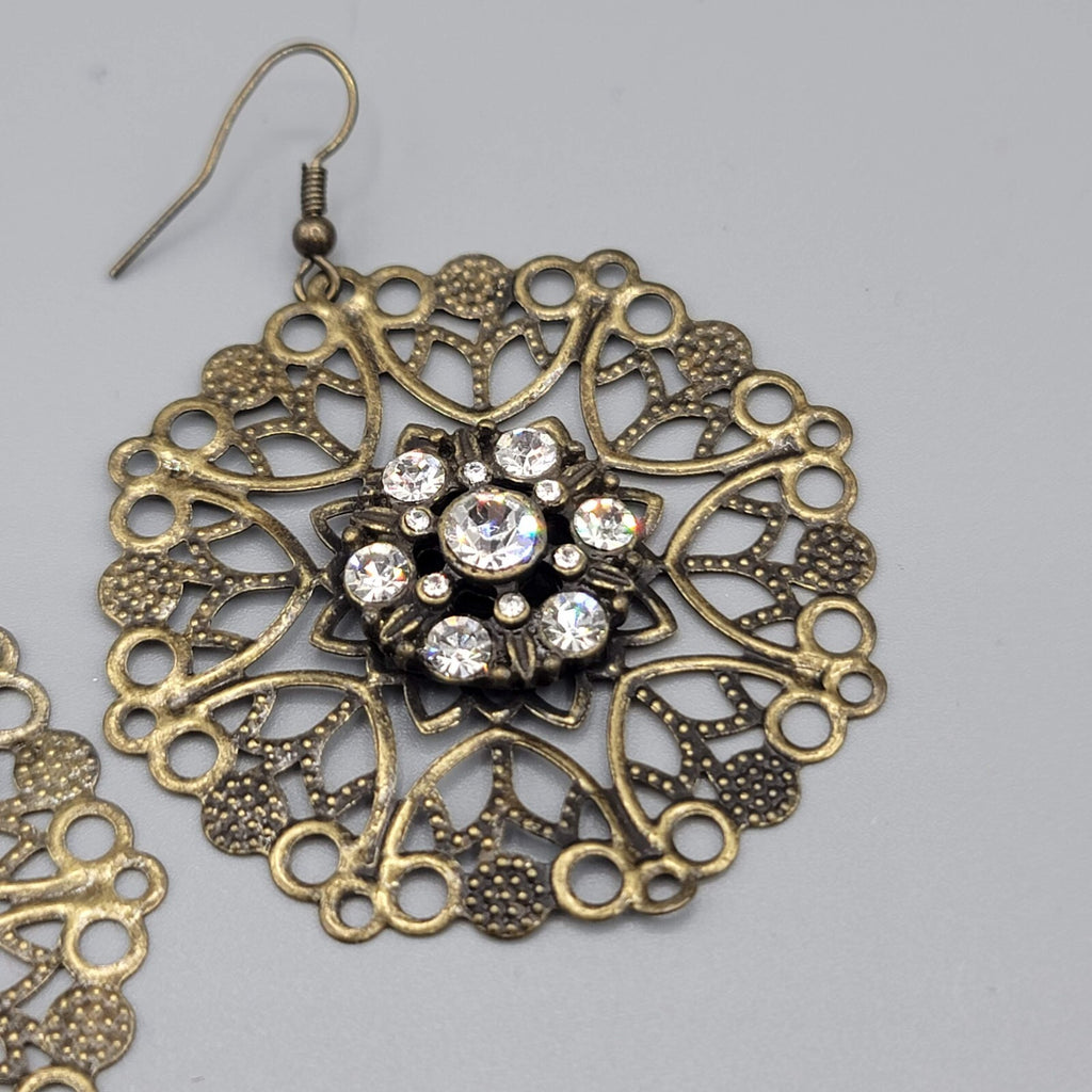 Pierced Earrings Bronze tone Large Metal Filigree Rhinestone Center Boho 1.75"