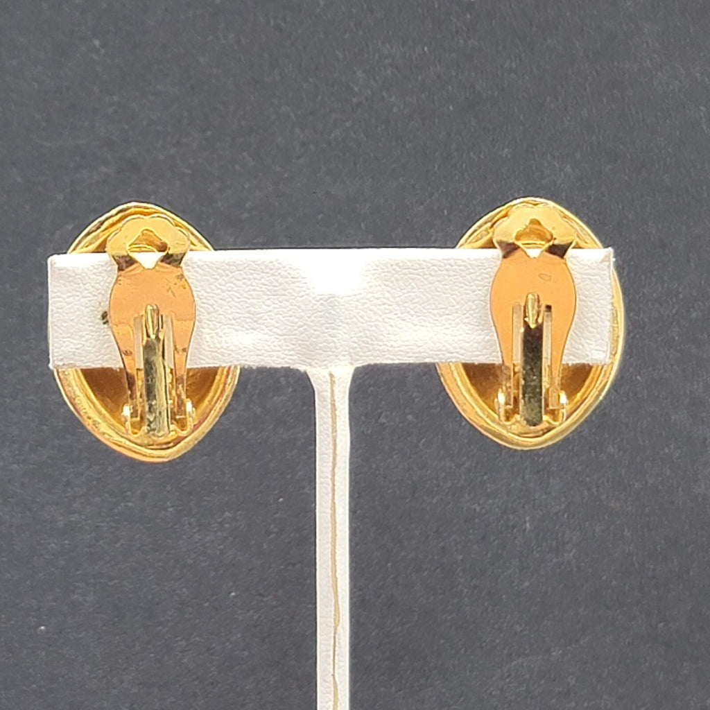 Vintage Clip on Earrings Gold Plated Black Enamel Drop Statement 1.25"