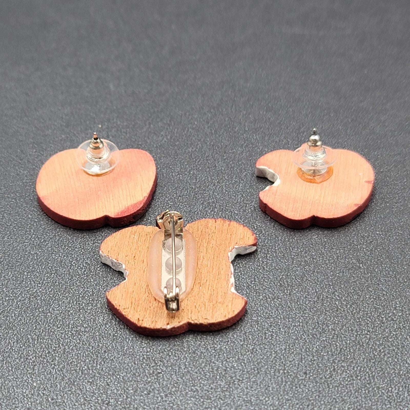 Vintage Brooch Pierced Earrings Set Wood Hand Painted Apple Teacher Gift