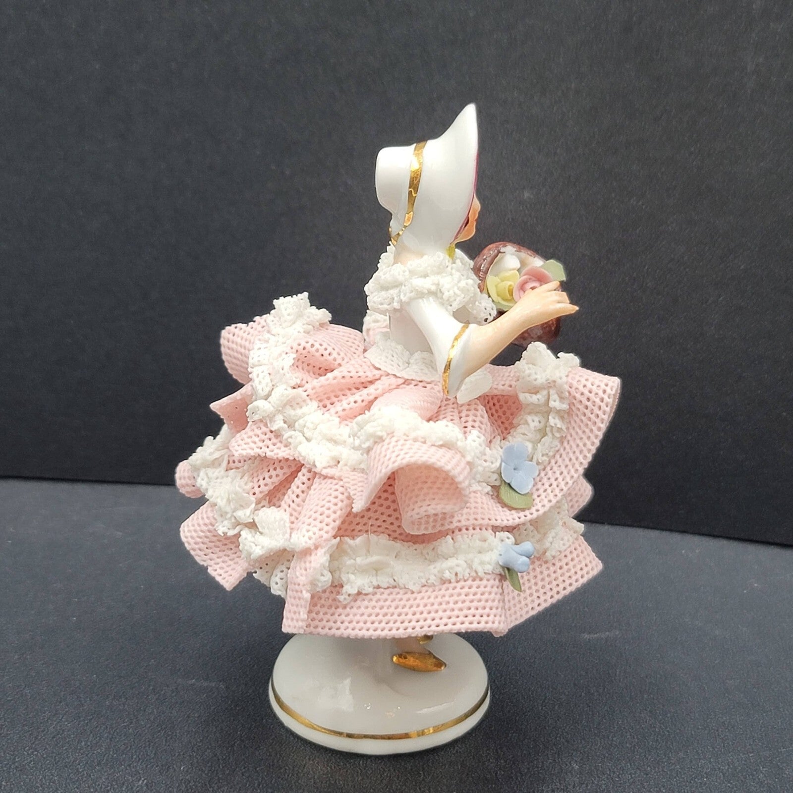 Dresden Porcelain Lace Lady in Bonnet Figurine Flowers 4 in