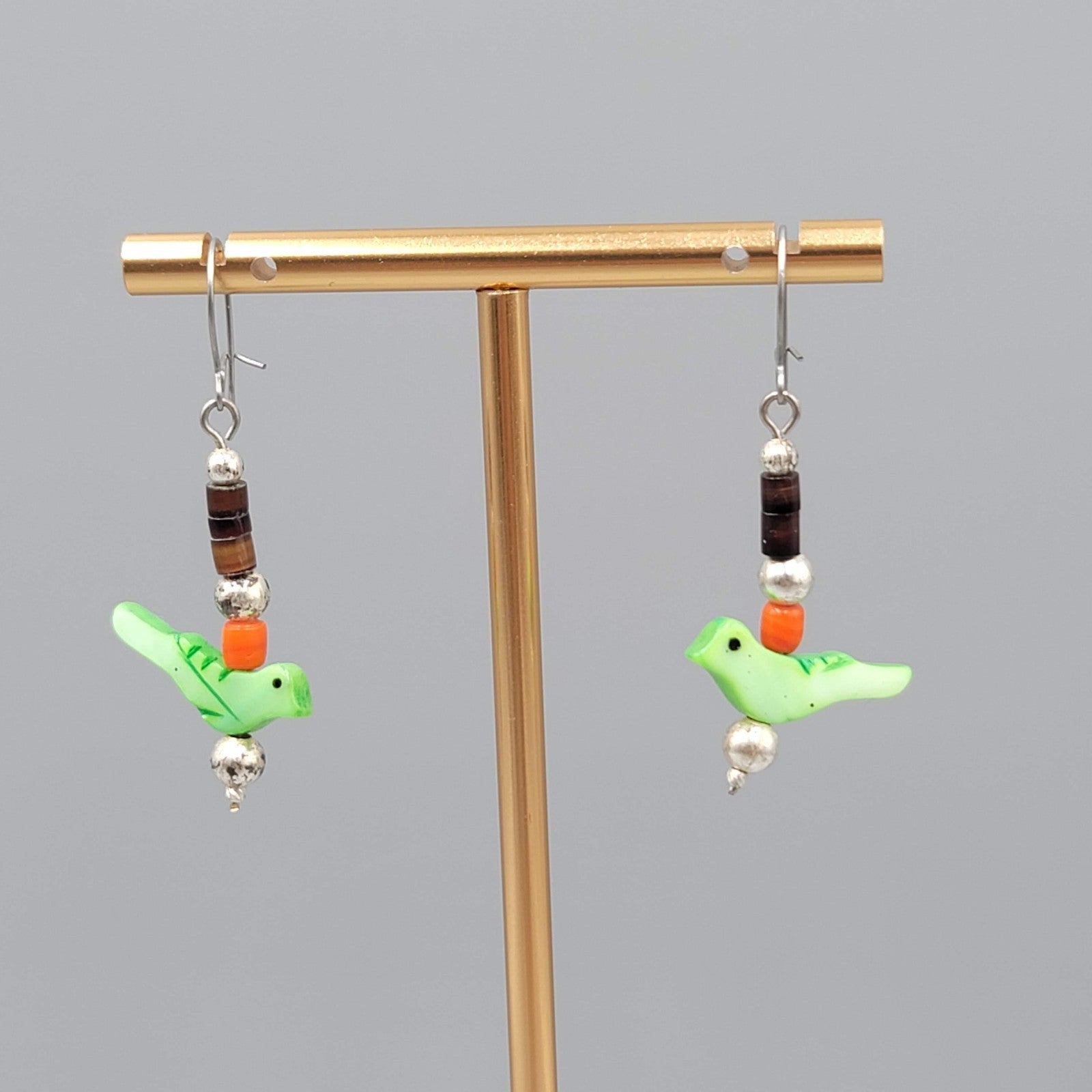Vintage Green Bird Mother of Pearl Pierced Earrings Coral Coconut Bead 1.25 in