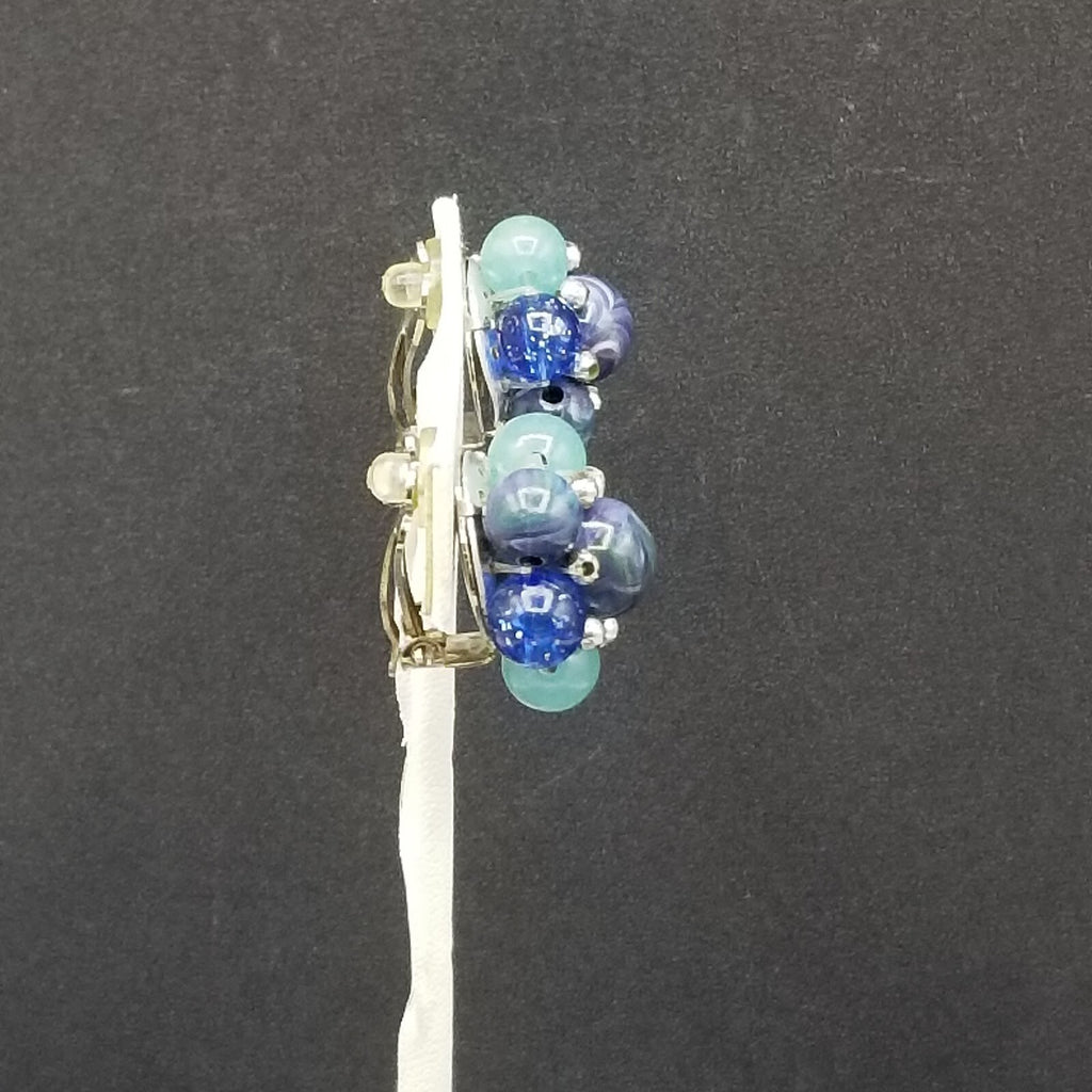 Vintage Clip On Silver tone Blue and Green Acrylic Bead Cluster Stud 1"