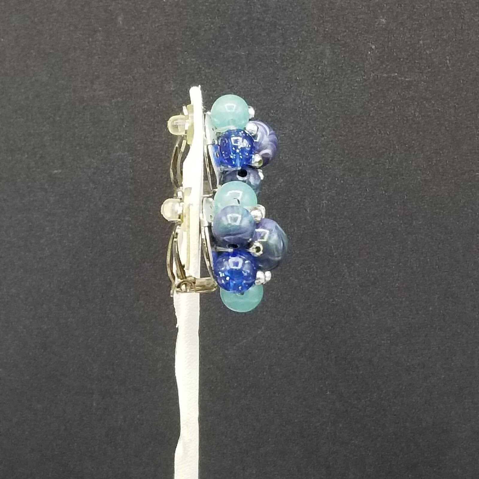 Vintage Clip On Silver tone Blue and Green Acrylic Bead Cluster Stud 1"